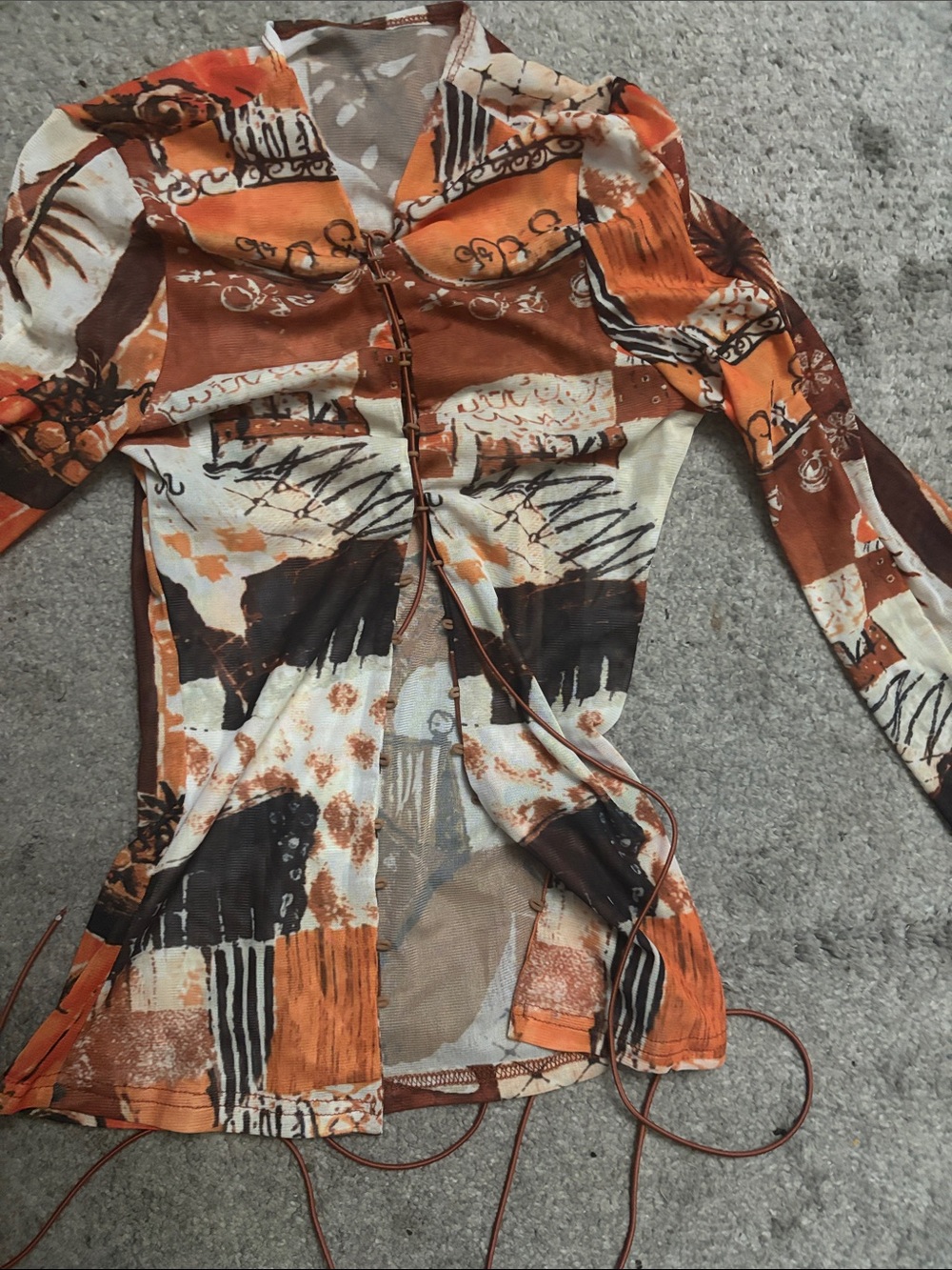 Abstract Orange Tie-Front Mesh Button-Down Shirt